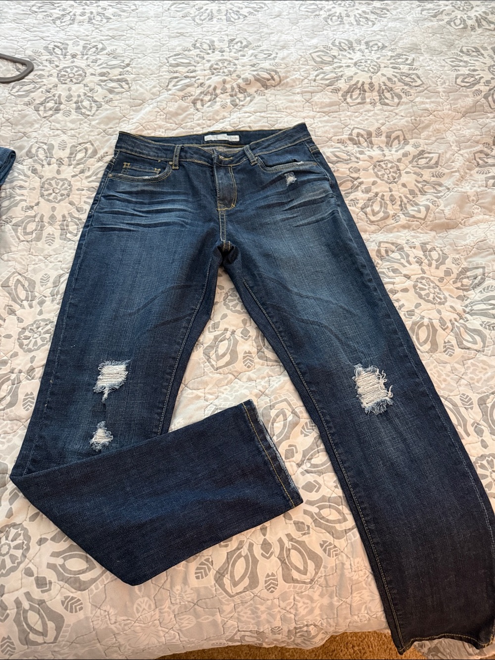 Boston Proper Dark Blue Distressed Boot-Cut Jeans